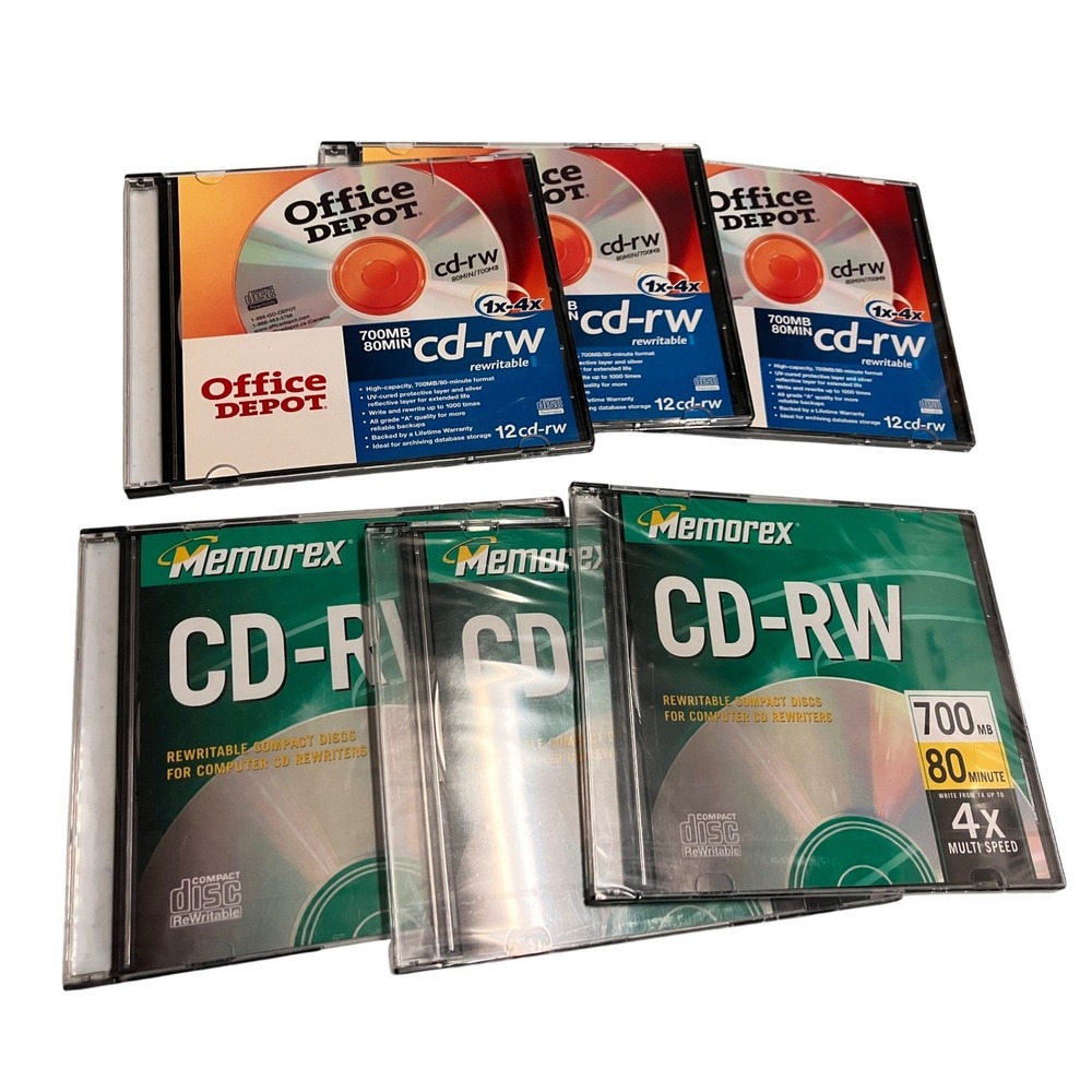 Lot of 6 Memorex & Office Depot CD-RW Rewritable Discs 700MB 80Min 4x with Cases